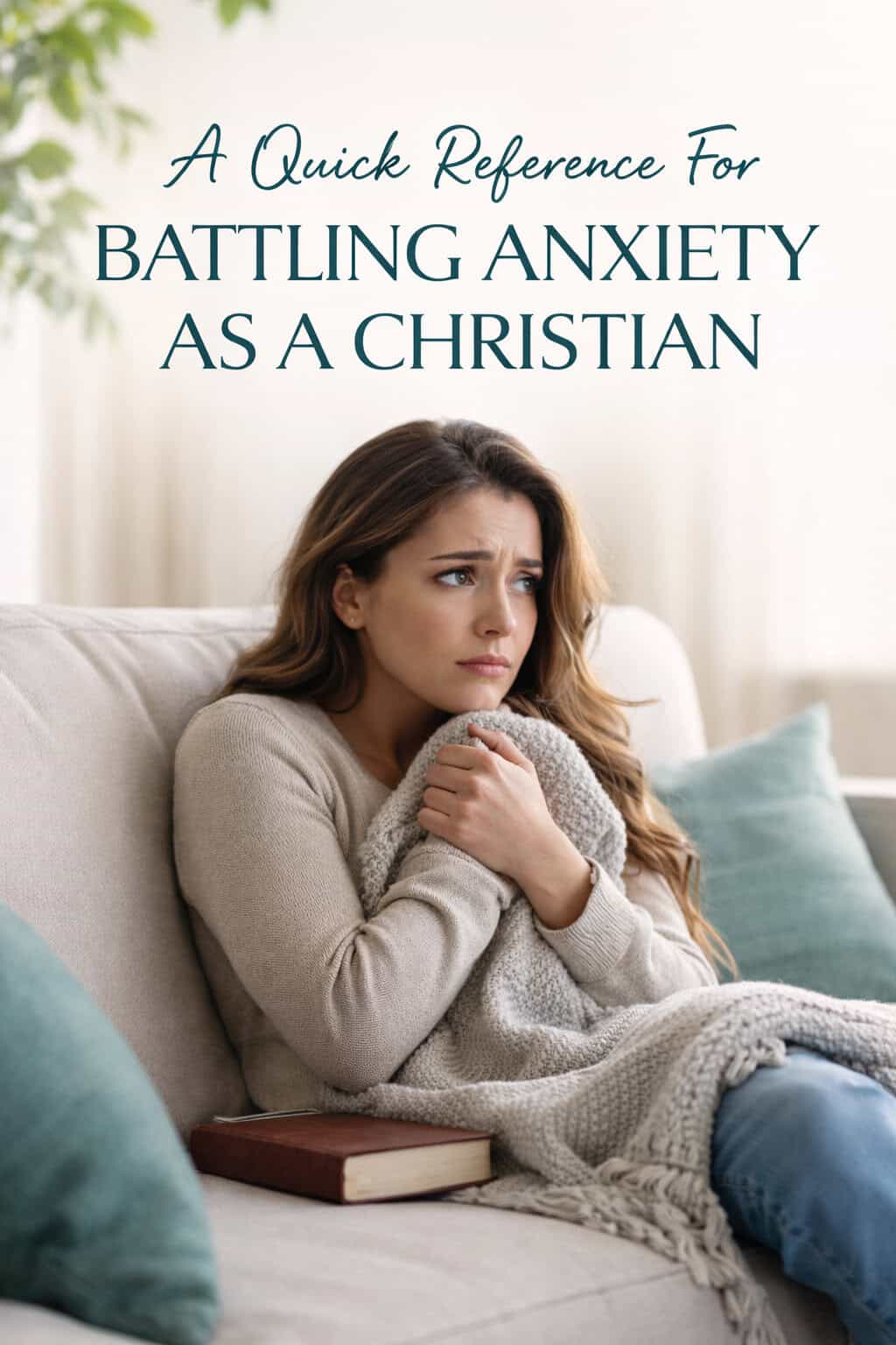 A Quick Reference For Battling Anxiety As A Christian PDF cover showing a woman on a couch looking fearful